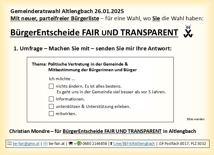 Umfrage - Politische Vertretung in der Gemeinde & Mitbestimmung der Bürgerinnen und Bürger