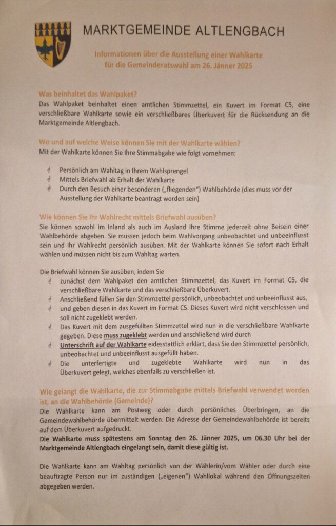 Informationen über die Ausstellung einer Wahlkarte für die Gemeinderatswahl am 26. Jänner 2025 der Marktgemeine Altlengbach