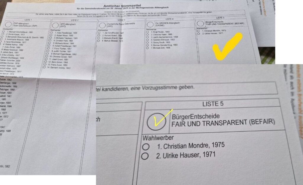 Stimmzettel bei der Gemeinderatswahl in Altlengbach am 26.01.2025 - mit BürgerEntscheide FAIR UND TRANSPARENT - BEFAIR - Liste 5